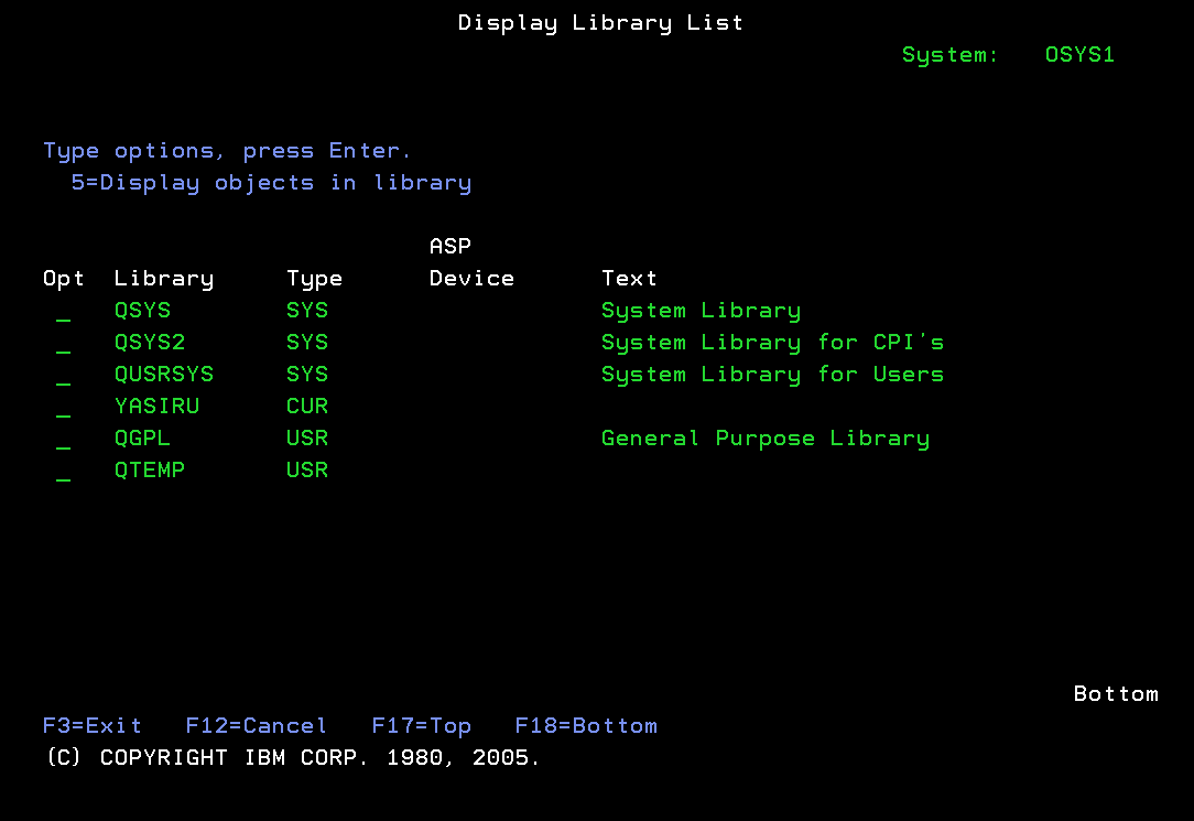 DSPLIBL Display Library List AS400 ISeries IBM